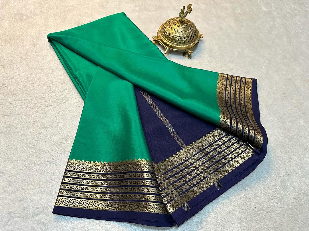 Zari Bordered Plain Soft Silk Saree Green Mysore Traditional Style