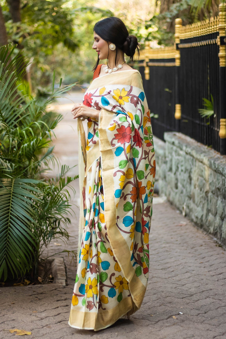 Hand Painted Floral Tussar Silk Kalamkari Beige Saree With Zari Border