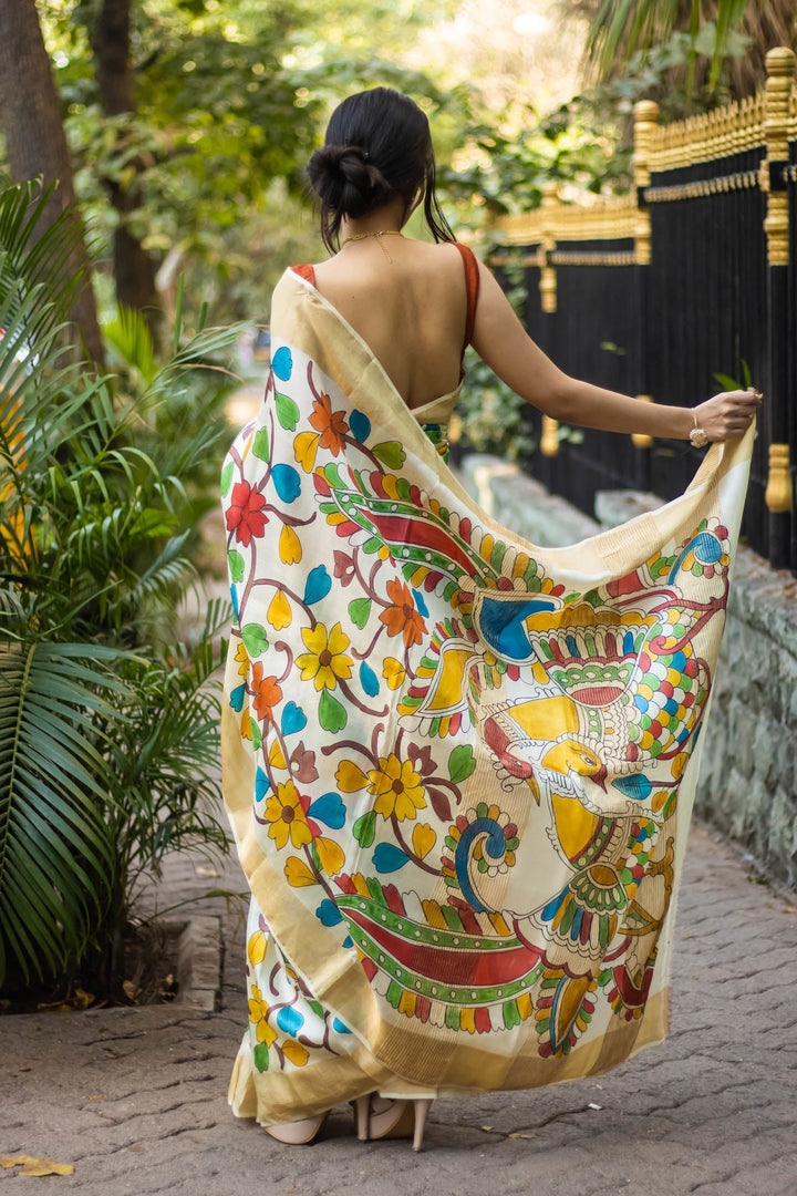 Hand Painted Floral Tussar Silk Kalamkari Beige Saree With Zari Border
