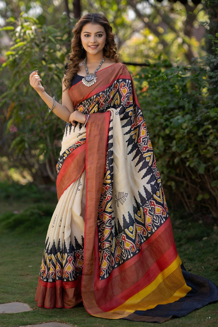 Artisanal Handloom Tussar Saree Kalamkari Print With Unstitched Blouse Piece