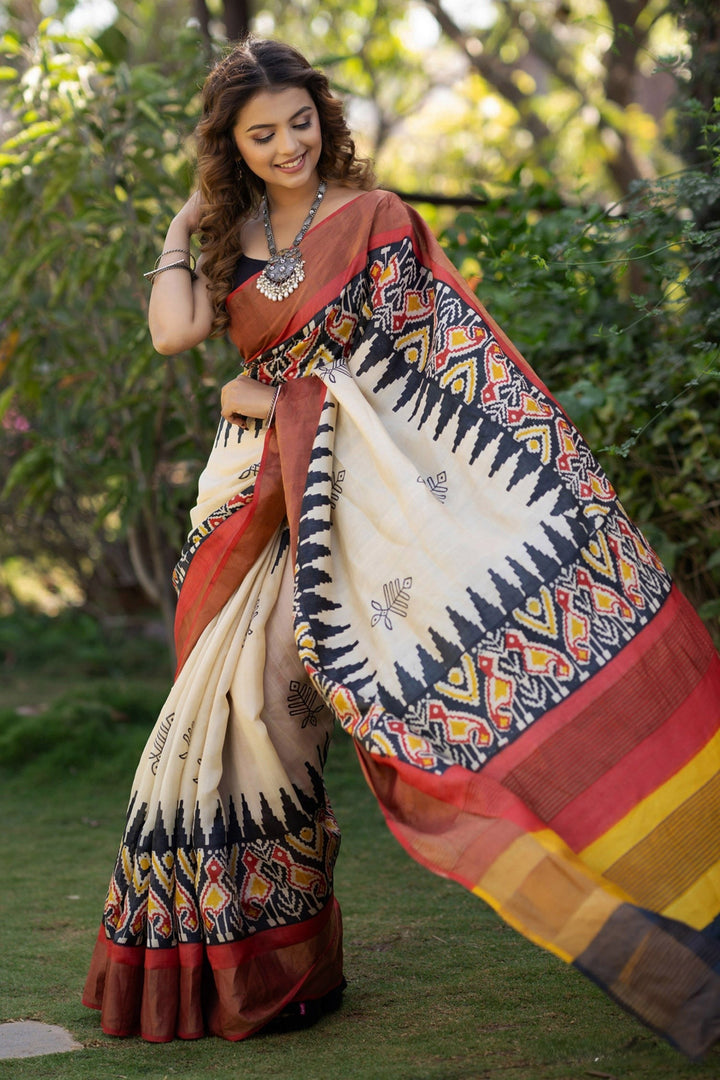 Artisanal Handloom Tussar Saree Kalamkari Print With Unstitched Blouse Piece