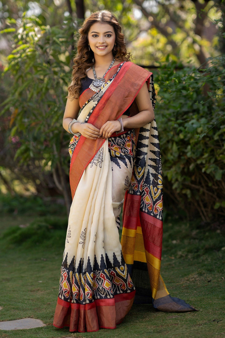 Artisanal Handloom Tussar Saree Kalamkari Print With Unstitched Blouse Piece