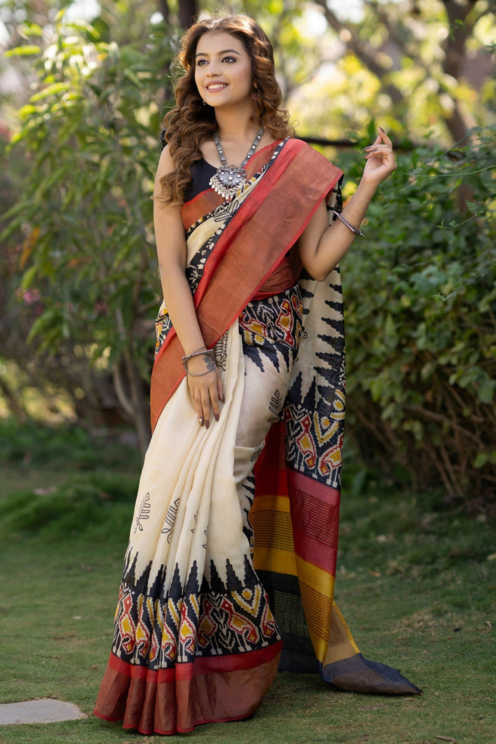 Artisanal Handloom Tussar Saree Kalamkari Print With Unstitched Blouse Piece