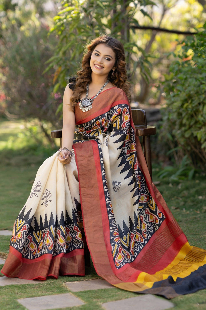 Artisanal Handloom Tussar Saree Kalamkari Print With Unstitched Blouse Piece