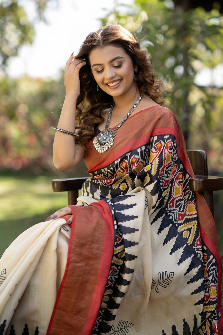 Artisanal Handloom Tussar Saree Kalamkari Print With Unstitched Blouse Piece
