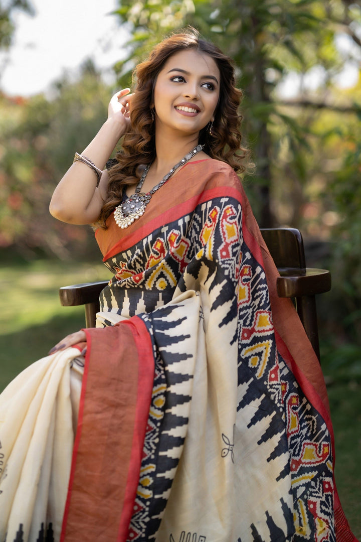 Artisanal Handloom Tussar Saree Kalamkari Print With Unstitched Blouse Piece