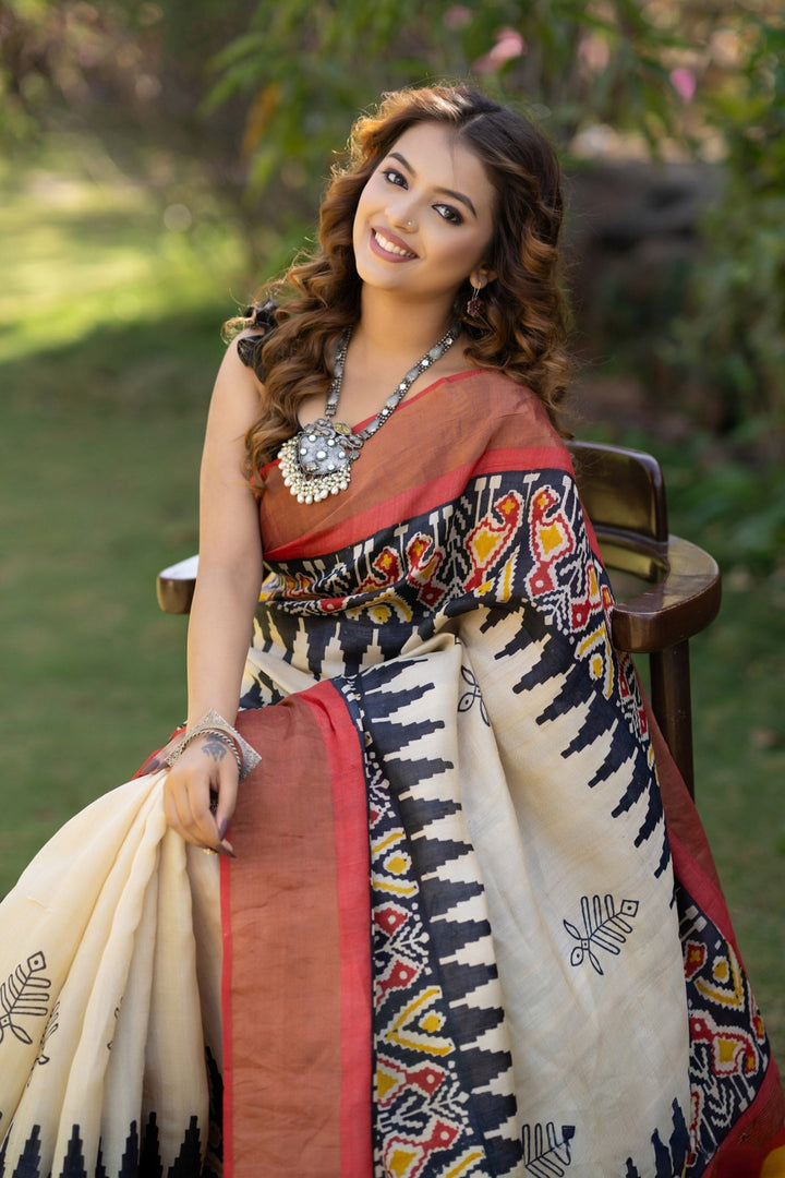 Artisanal Handloom Tussar Saree Kalamkari Print With Unstitched Blouse Piece