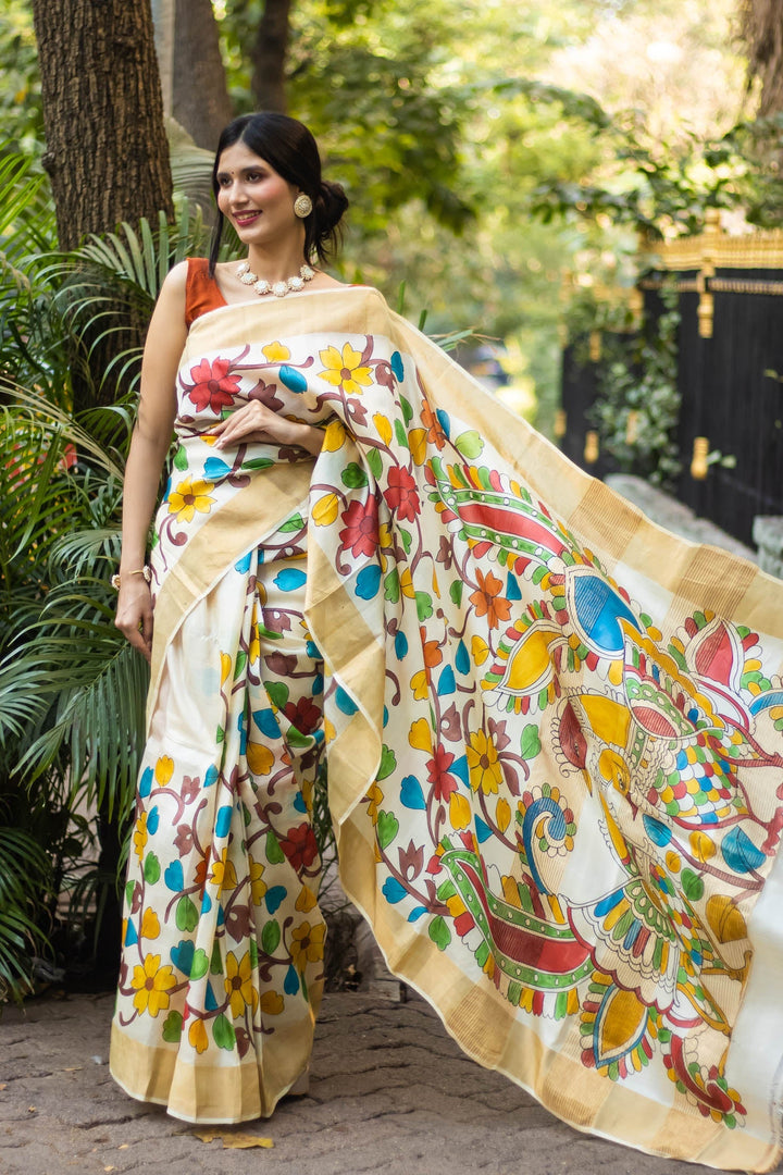 Hand Painted Floral Tussar Silk Kalamkari Beige Saree With Zari Border