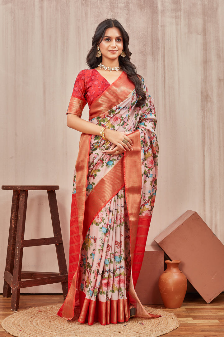 Pink Mysore Crepe Floral Printed Saree