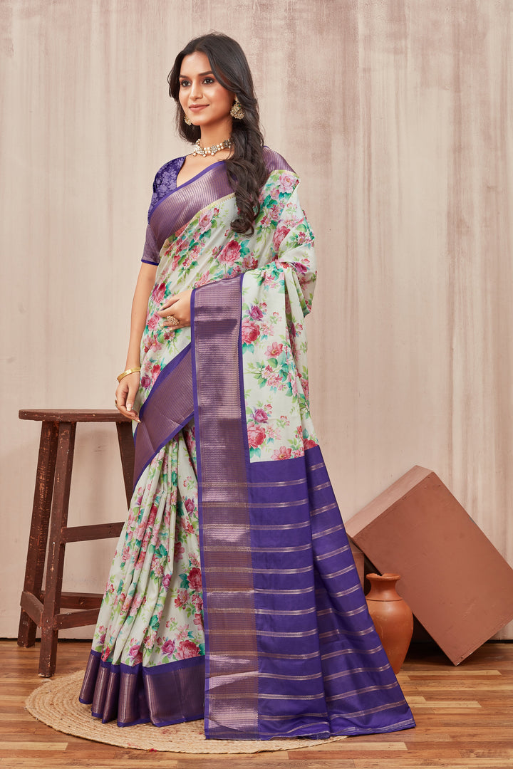 Mysore Crepe Floral Digital Print Off White Saree With Blouse