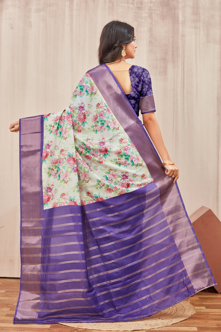 Mysore Crepe Floral Digital Print Off White Saree With Blouse