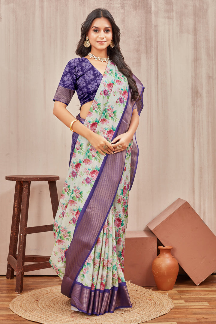 Mysore Crepe Floral Digital Print Off White Saree With Blouse