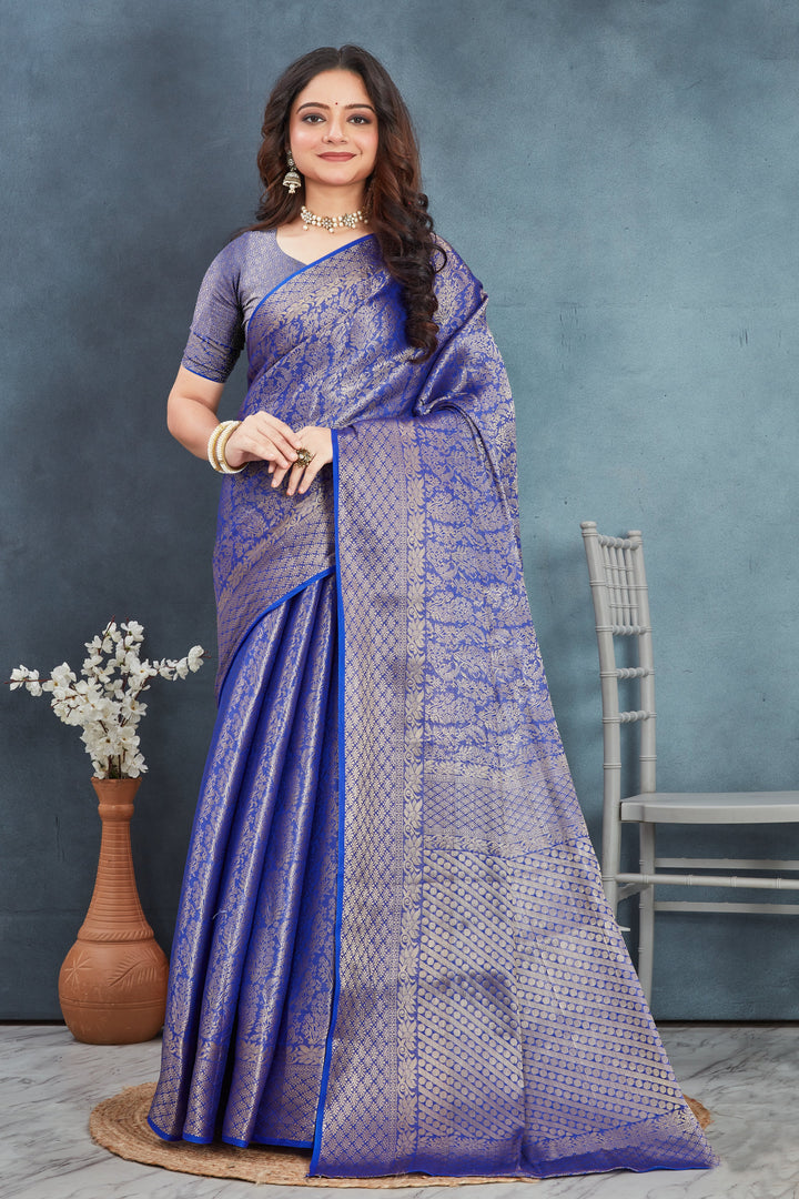 Royal Blue Mysore Brocket Soft Silk Drape Saree