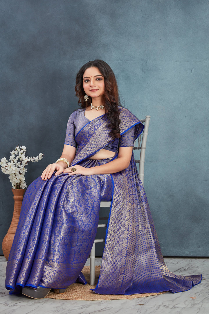 Royal Blue Mysore Brocket Soft Silk Drape Saree