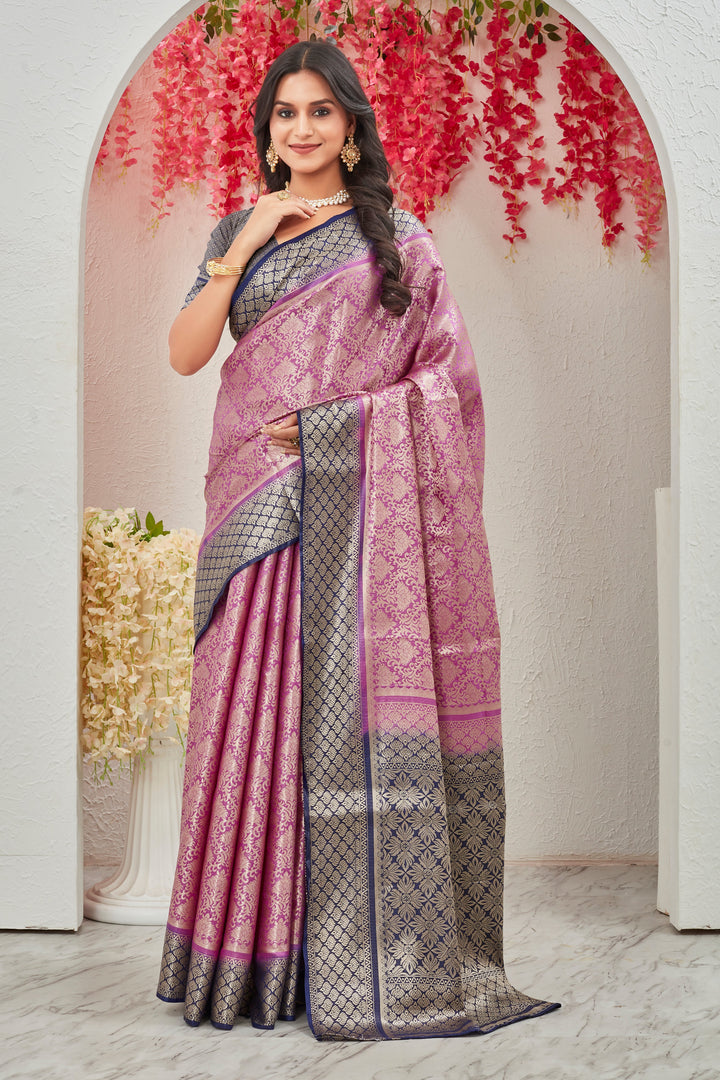 Pink With Blue Combination Mysore Brocket Soft Silk Saree