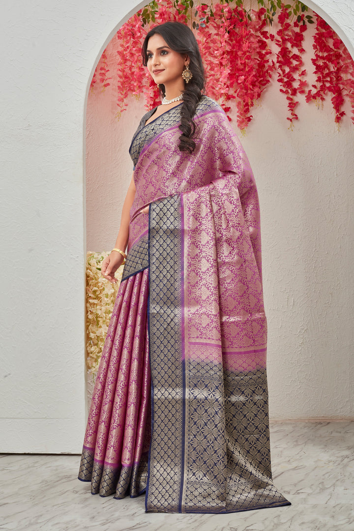 Pink With Blue Combination Mysore Brocket Soft Silk Saree