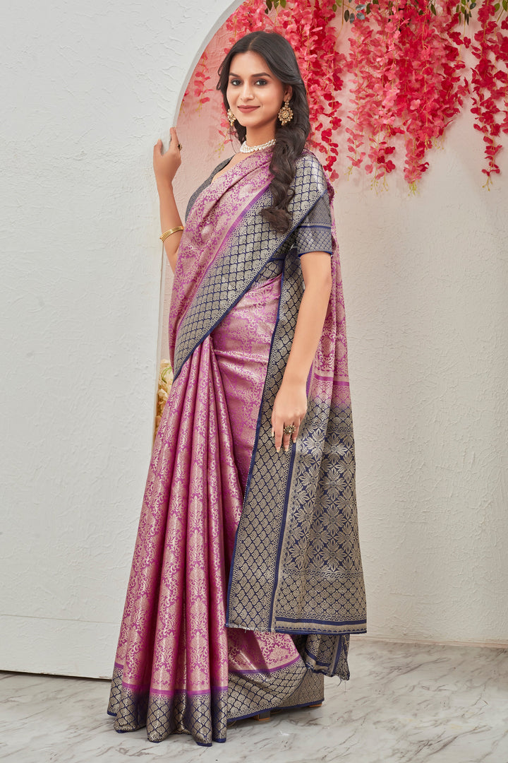 Pink With Blue Combination Mysore Brocket Soft Silk Saree