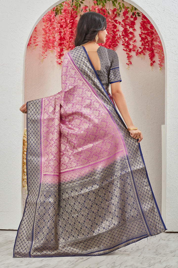 Pink With Blue Combination Mysore Brocket Soft Silk Saree