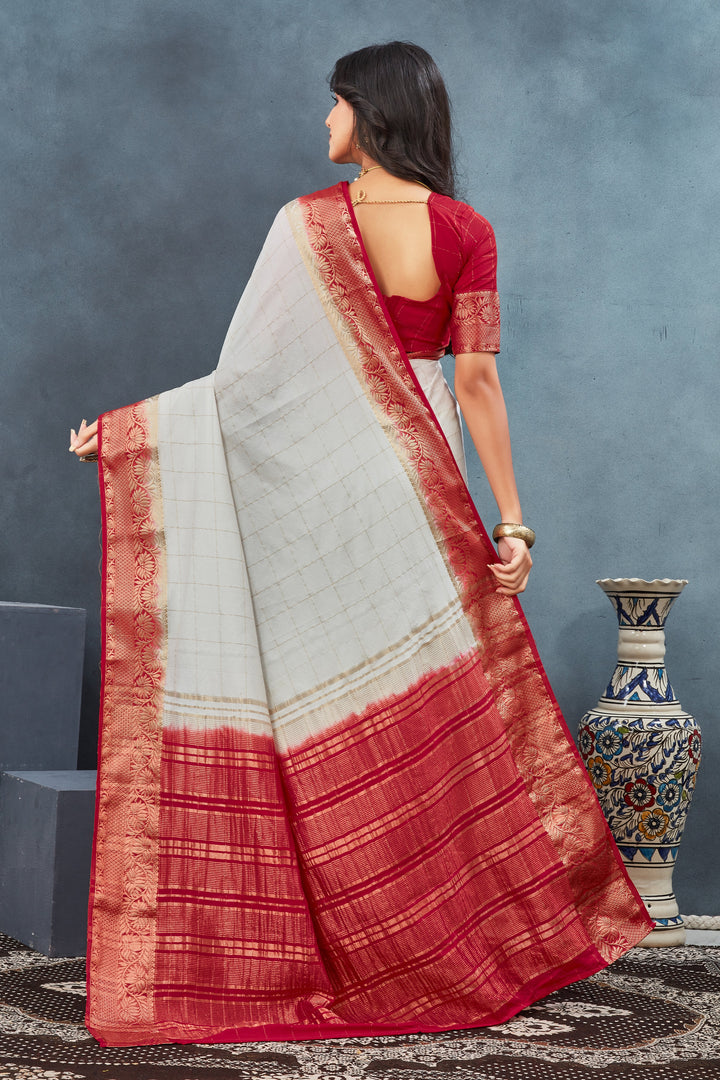 Alluring White And Red Assam Silk Weaving Work Saree