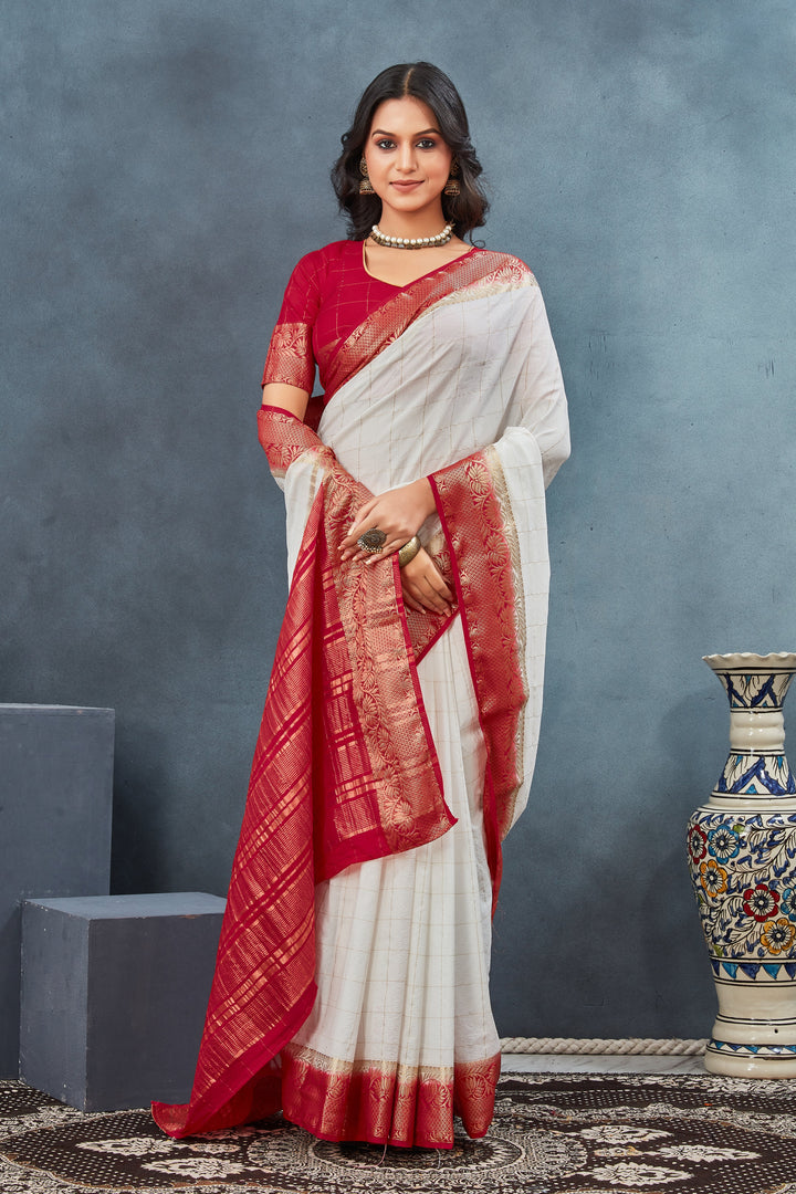 Alluring White And Red Assam Silk Weaving Work Saree