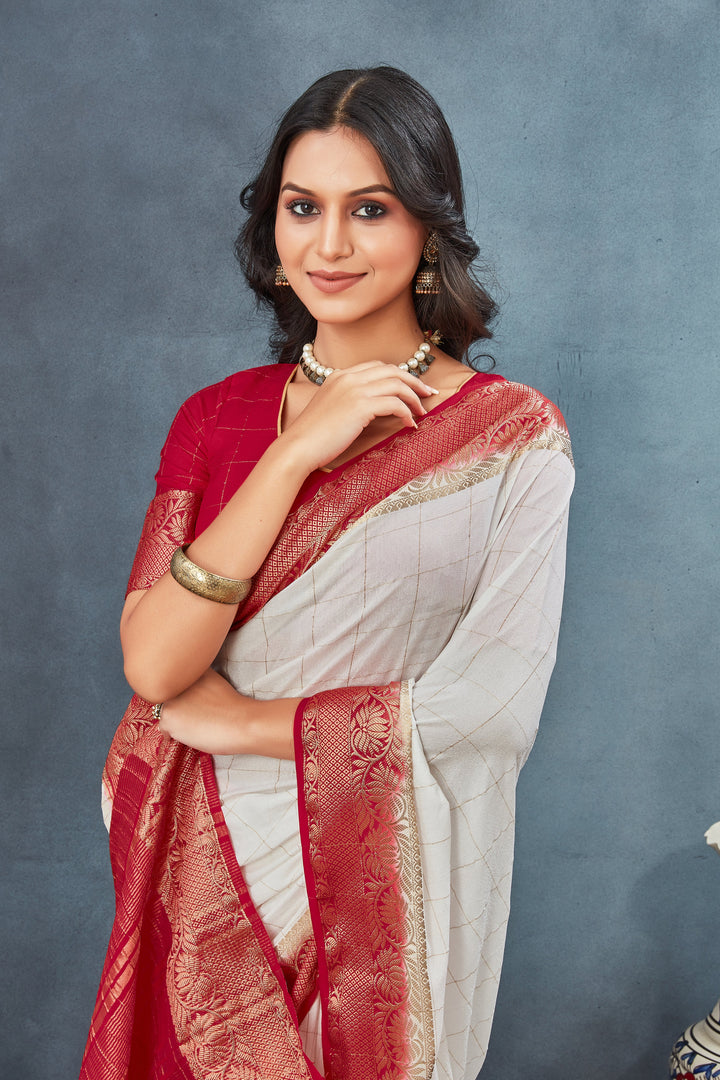 Alluring White And Red Assam Silk Weaving Work Saree
