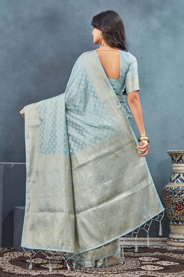 Luxurious Light Blue Handloom Georgette Silk Saree With Detailed Weaving