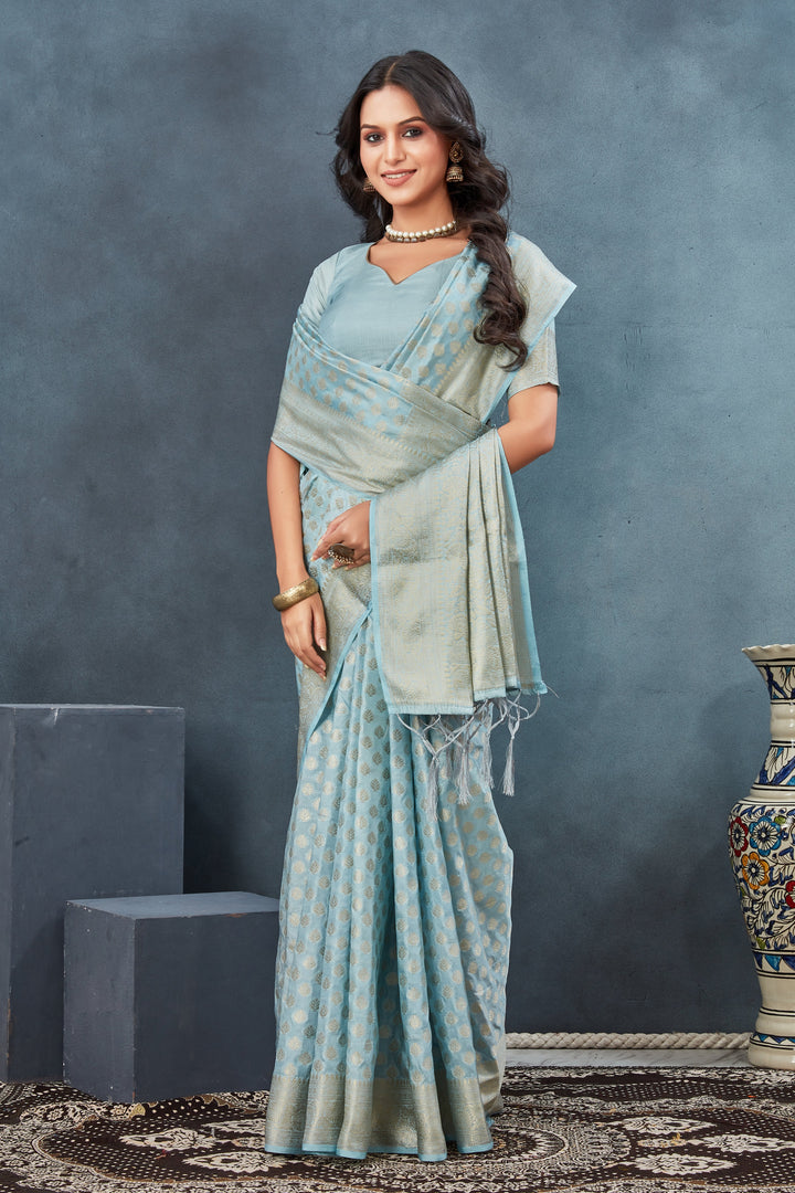 Luxurious Light Blue Handloom Georgette Silk Saree With Detailed Weaving