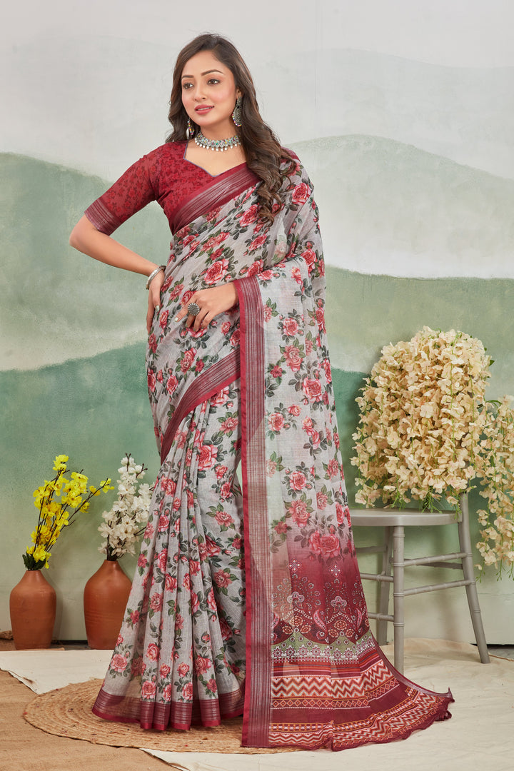 Rose Gold Lightweight Linen Saree With All-Over Print And Zari Finish