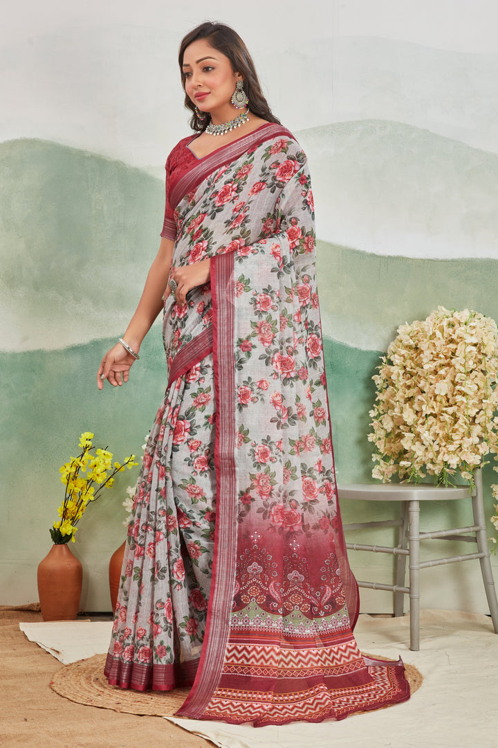 Rose Gold Lightweight Linen Saree With All-Over Print And Zari Finish