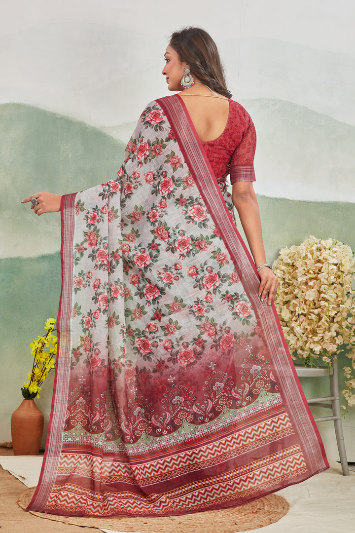 Rose Gold Lightweight Linen Saree With All-Over Print And Zari Finish