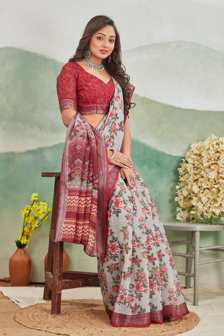 Rose Gold Lightweight Linen Saree With All-Over Print And Zari Finish