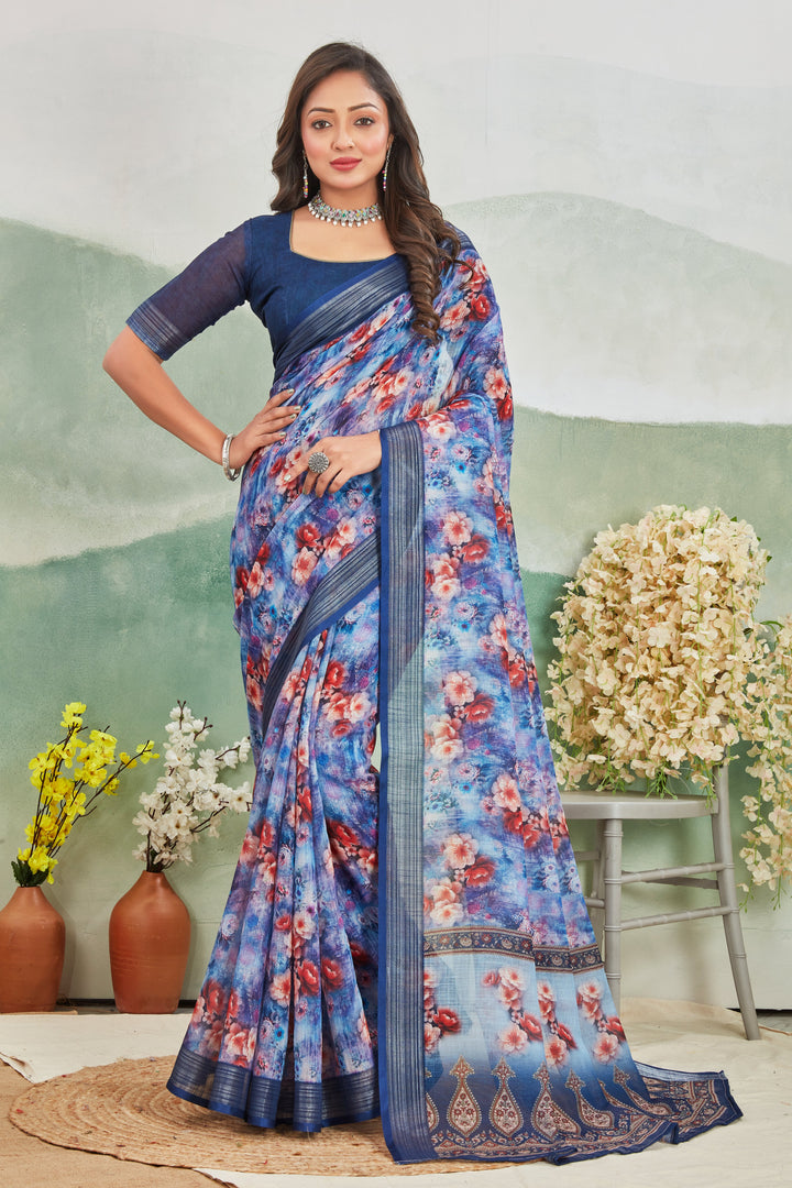 Traditional Style Purple Linen Saree With Gold Zari Border