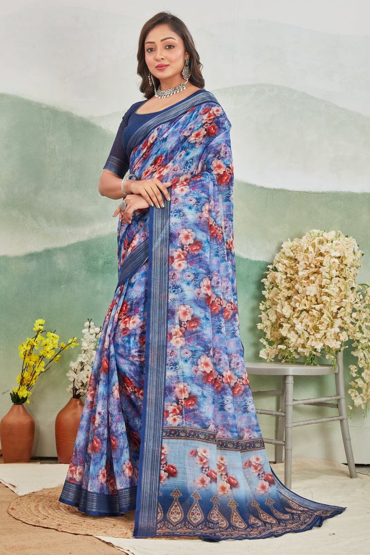 Traditional Style Purple Linen Saree With Gold Zari Border