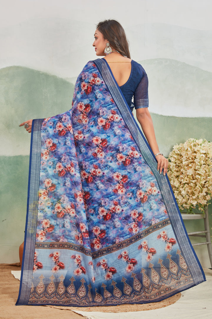 Traditional Style Purple Linen Saree With Gold Zari Border