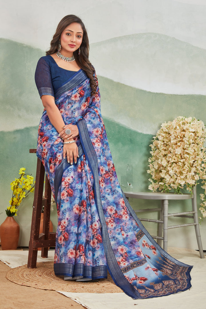 Traditional Style Purple Linen Saree With Gold Zari Border