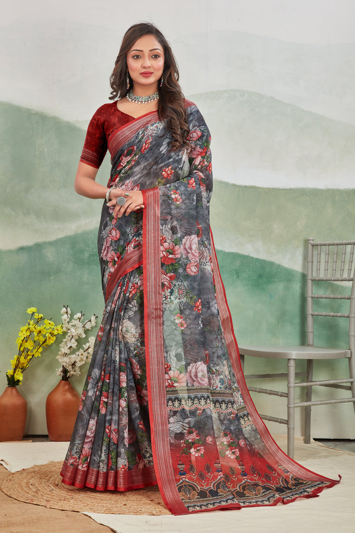 Graceful Grey Linen Printed Saree Ideal For Office Or Daily Use