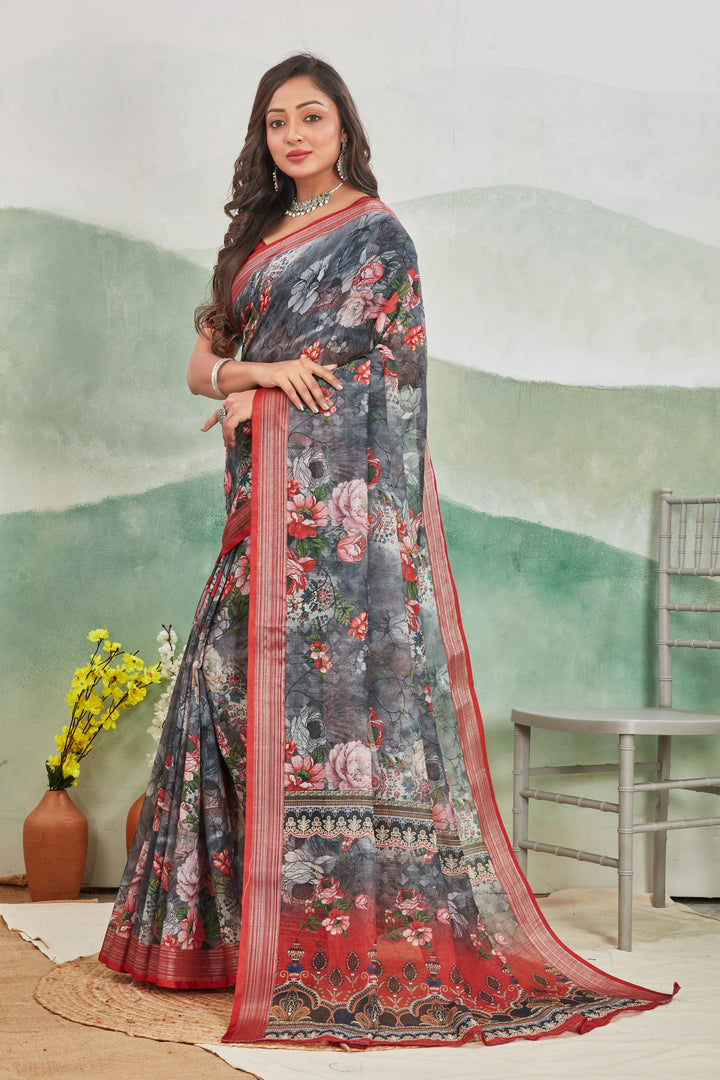 Graceful Grey Linen Printed Saree Ideal For Office Or Daily Use