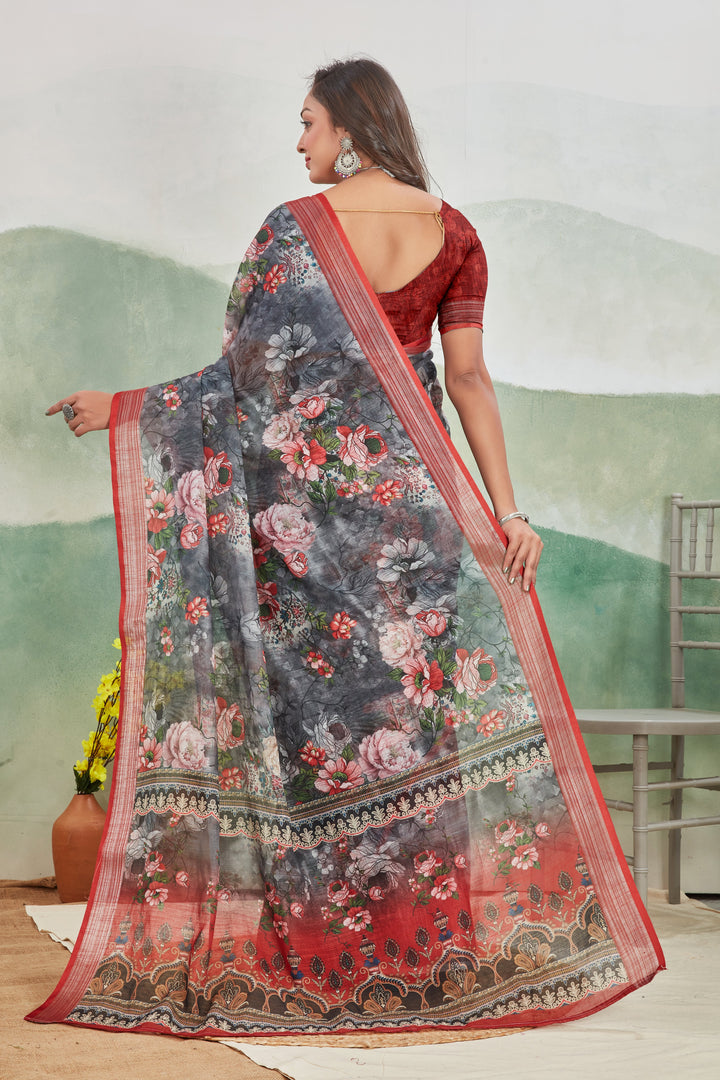 Graceful Grey Linen Printed Saree Ideal For Office Or Daily Use