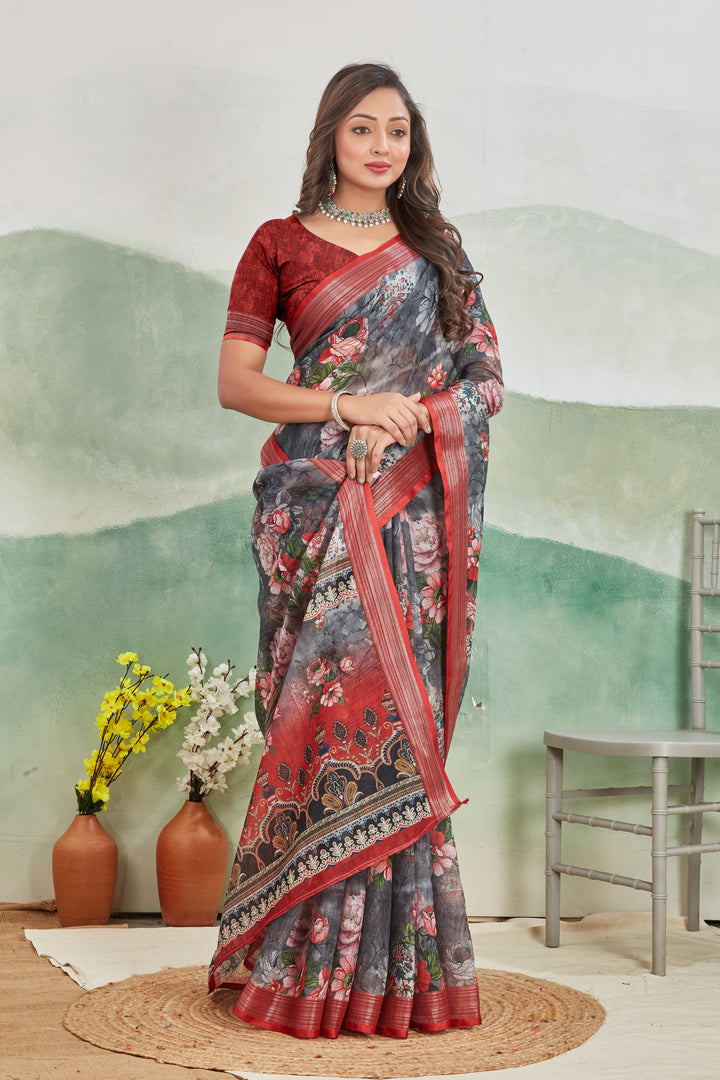 Graceful Grey Linen Printed Saree Ideal For Office Or Daily Use