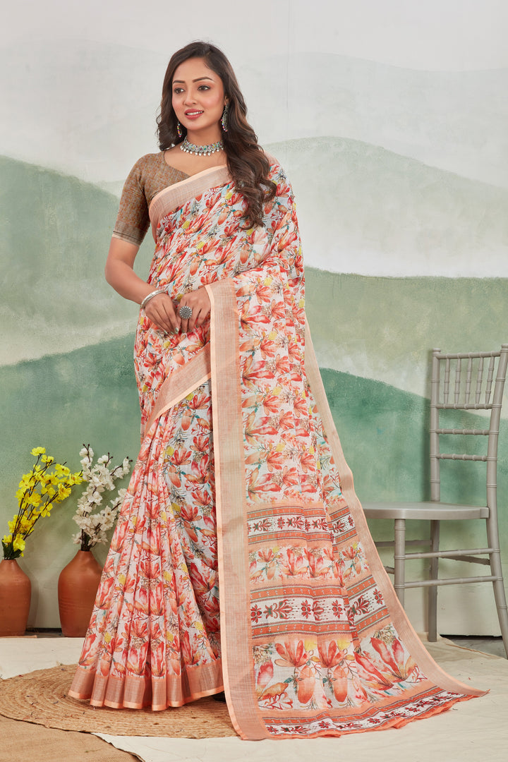 Casual Chic Peach Linen Saree Printed Design, Zari Border Finish