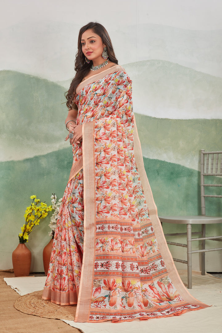 Casual Chic Peach Linen Saree Printed Design, Zari Border Finish