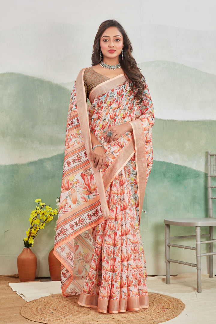 Casual Chic Peach Linen Saree Printed Design, Zari Border Finish