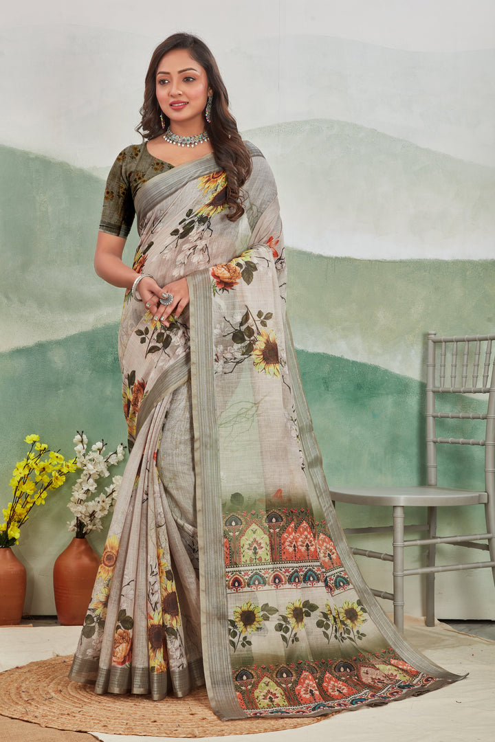 Subtle And Stylish Grey Linen Saree With Zari Lining And Prints
