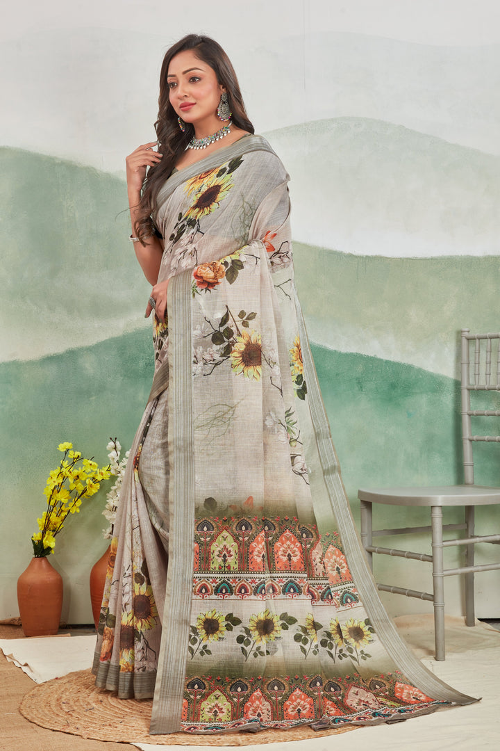 Subtle And Stylish Grey Linen Saree With Zari Lining And Prints