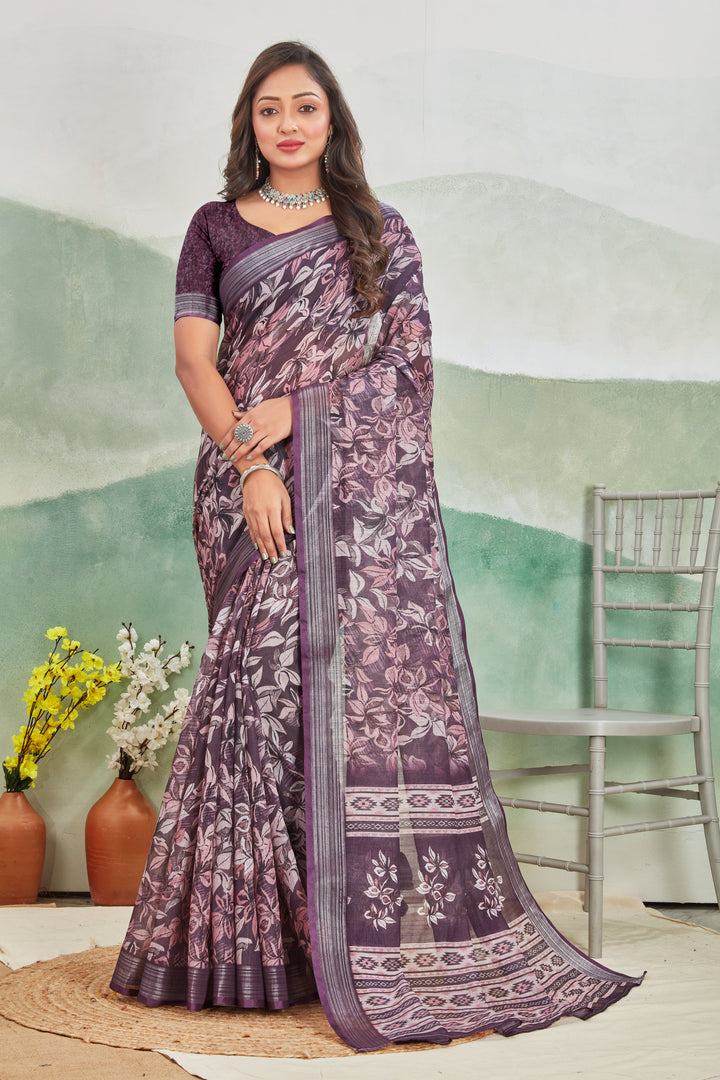 Smart Casual Wine Linen Saree With Woven Zari And Prints