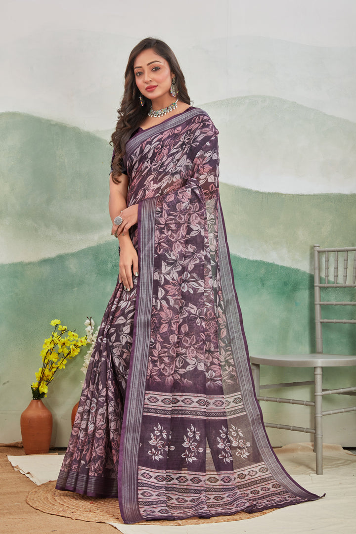 Smart Casual Wine Linen Saree With Woven Zari And Prints