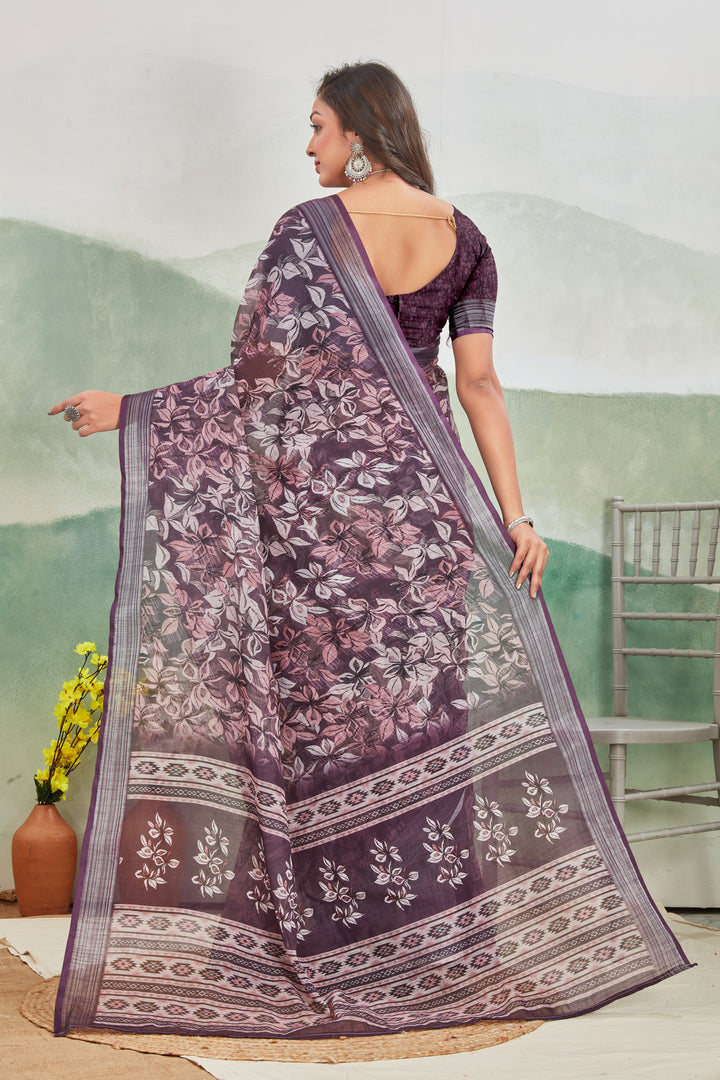 Smart Casual Wine Linen Saree With Woven Zari And Prints