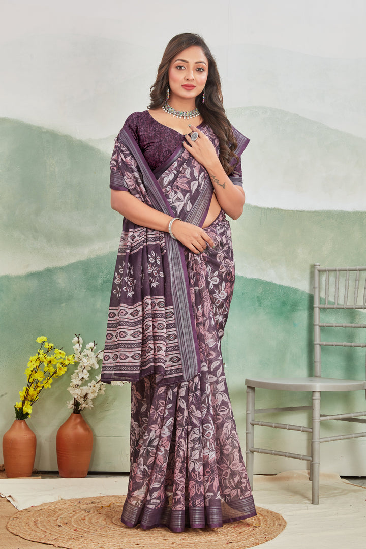 Smart Casual Wine Linen Saree With Woven Zari And Prints