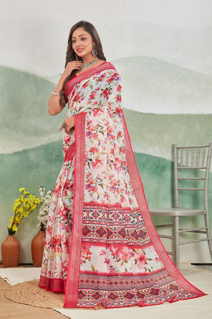 Breathable Linen Saree In Rani Zari Border And Printed Pattern