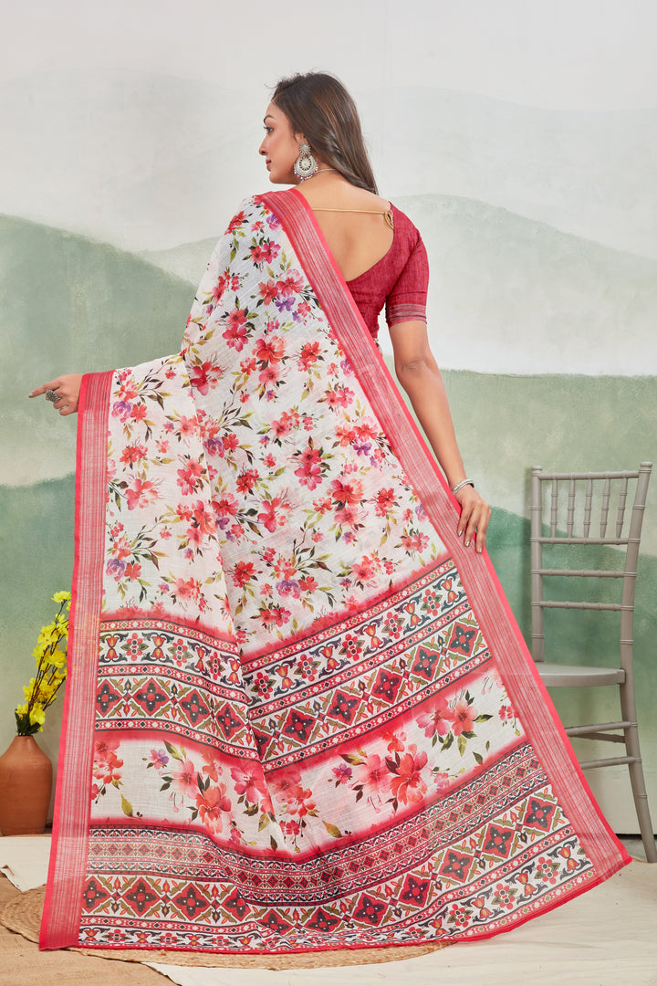 Breathable Linen Saree In Rani Zari Border And Printed Pattern